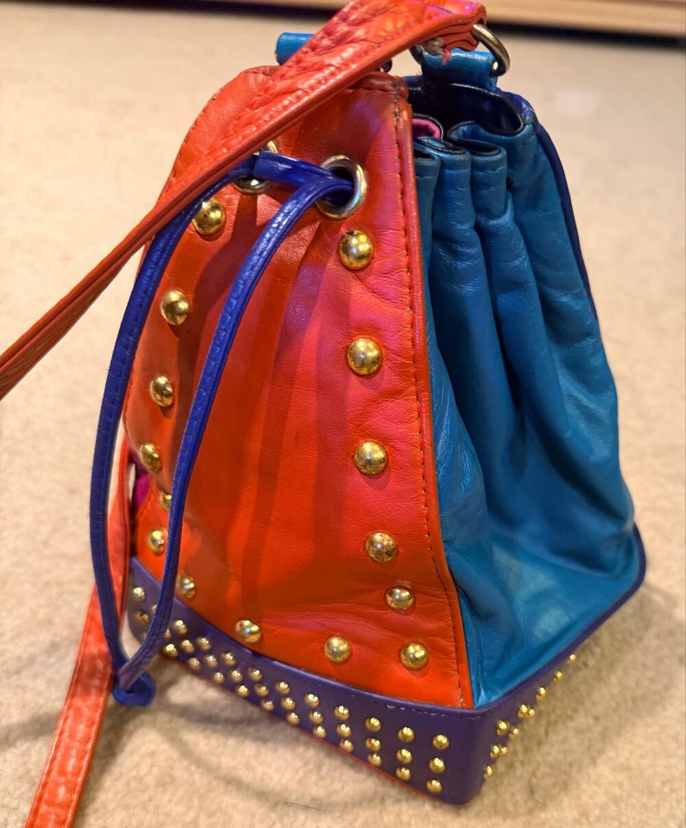 VTG 80s Colorblock Leather Bucket Bag Studded Drawstring Crossbody Purse Multi